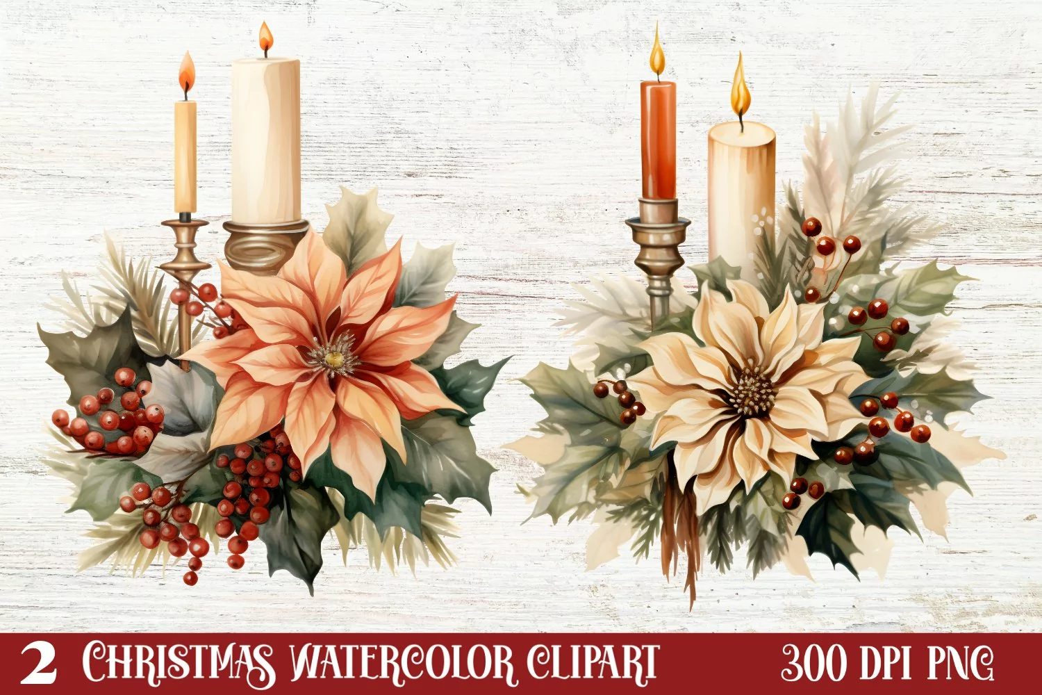Watercolor Vintage Christmas Clipar, Vintage Christmas Clipa product image 1