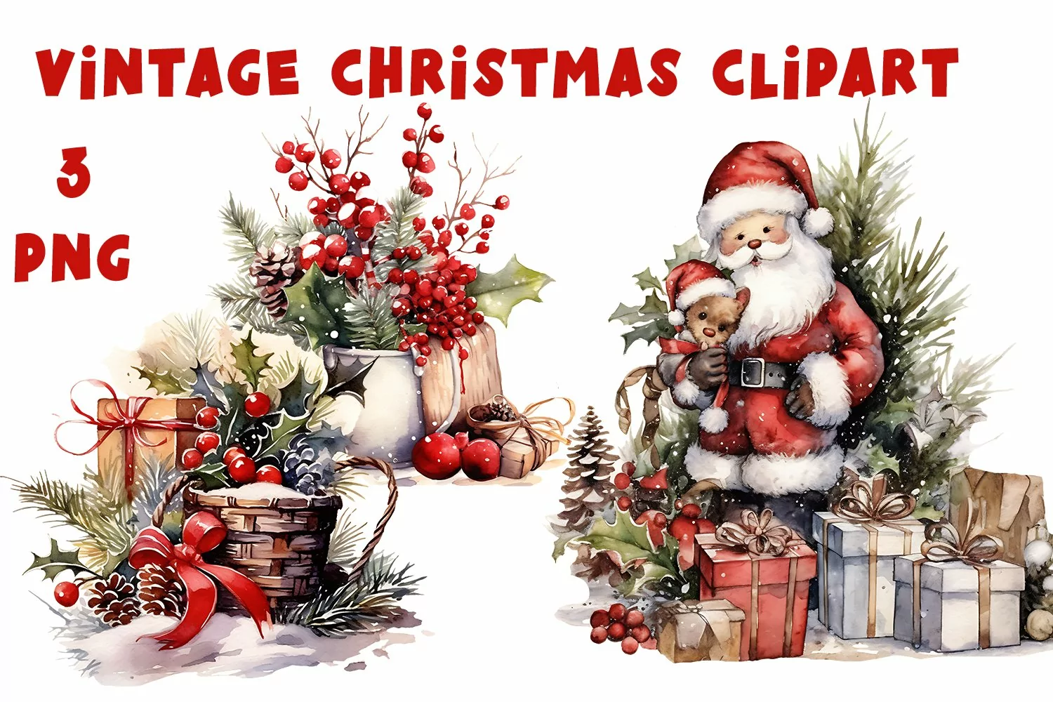 Watercolor Vintage Christmas Clipart product image 1