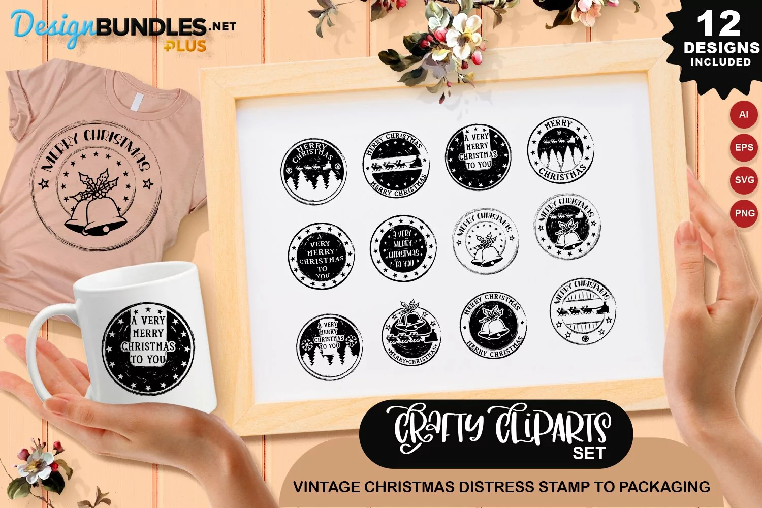 Vintage Christmas Distress Stamp To Packaging Clipart Set product image 1