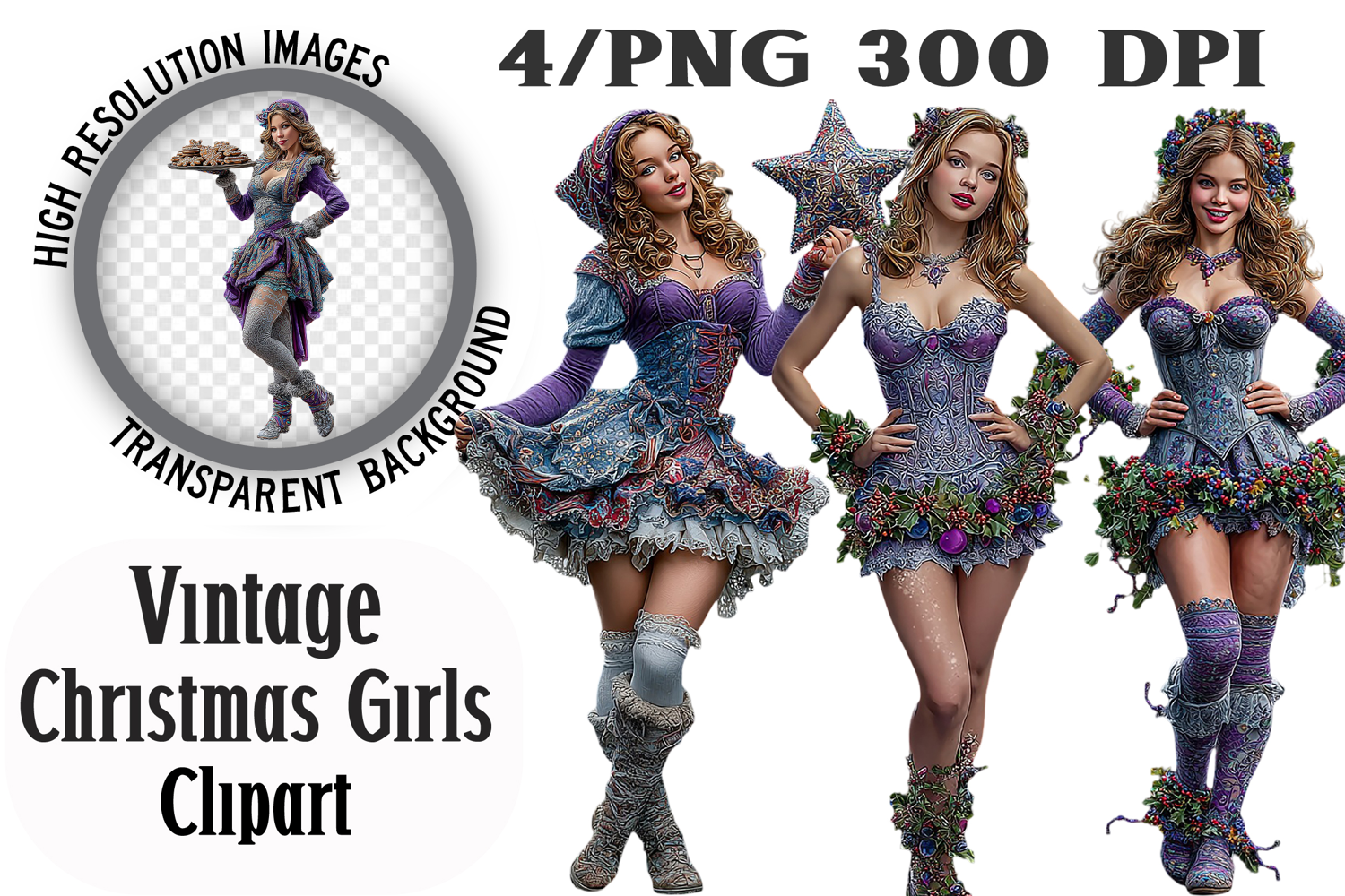 Vintage Christmas Girls PNG product image 1