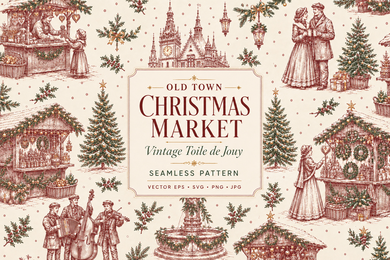 Vintage Christmas market toile de Jouy seamless pattern with festive stalls, decorated trees, couples, musicians, holly and town architecture on ivory