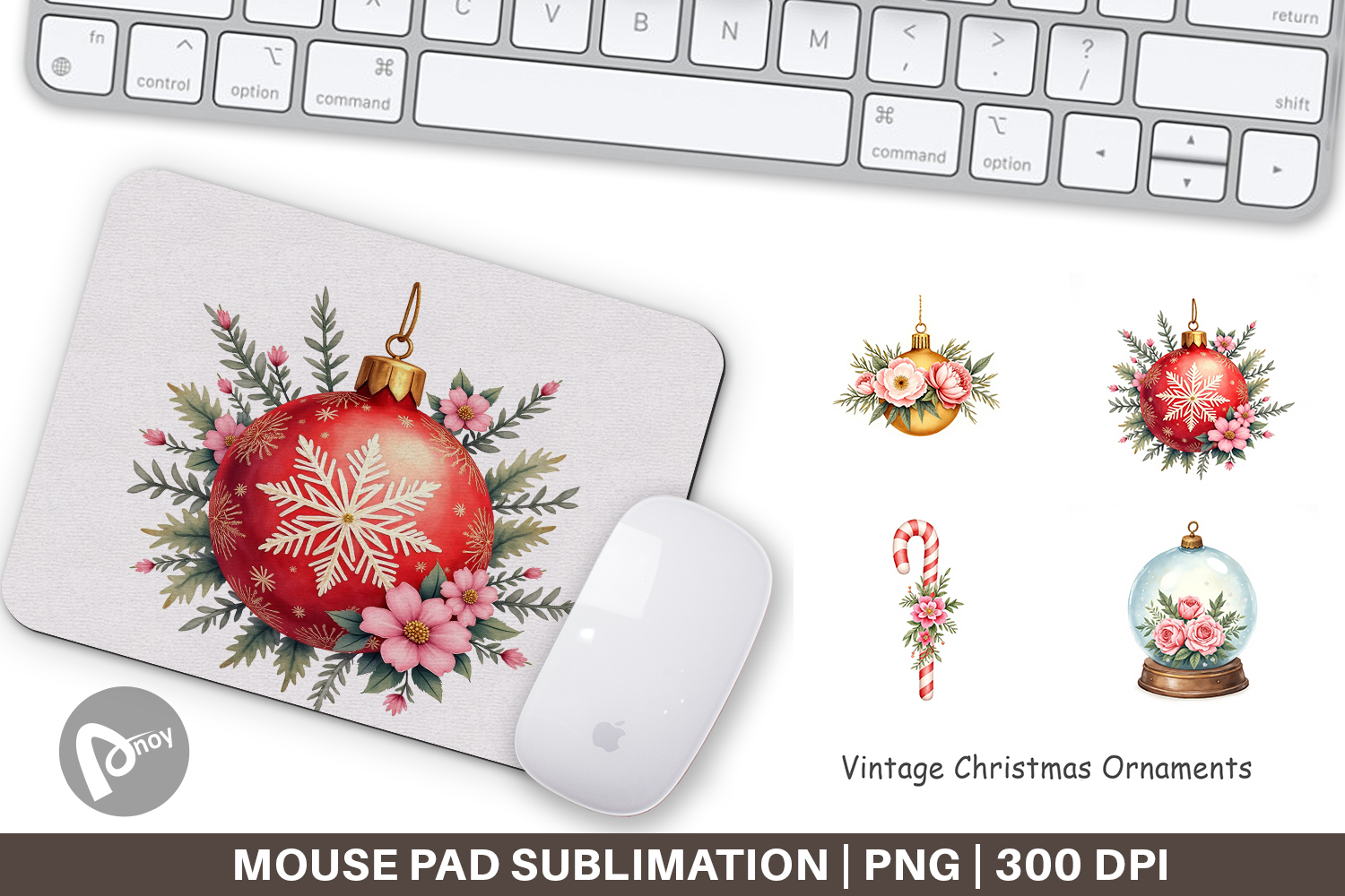 Mouse Pad Vintage Christmas Ornaments Watercolor product image 1