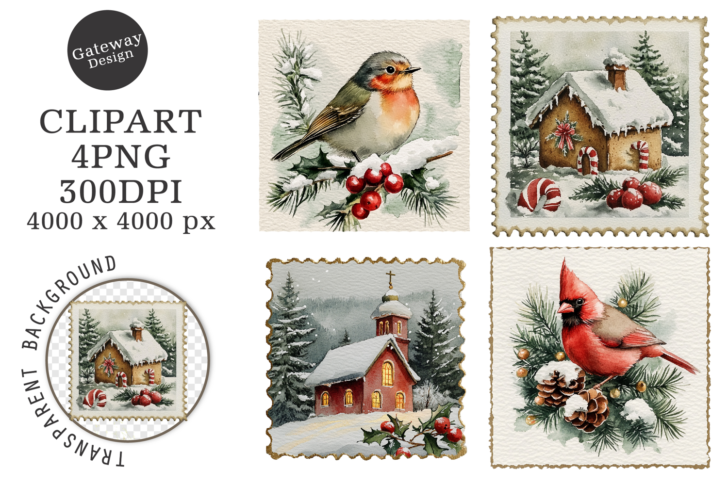Vintage Christmas Postage Stamps Clipart product image 1