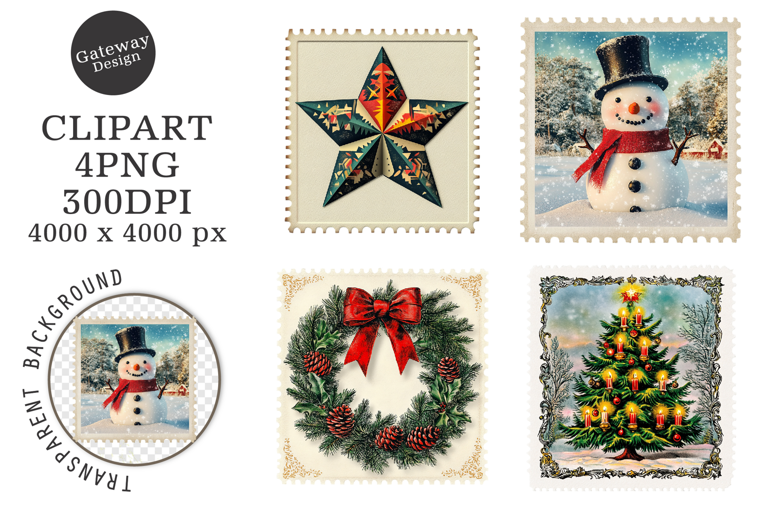 Vintage Christmas Postage Stamps Clipart product image 1