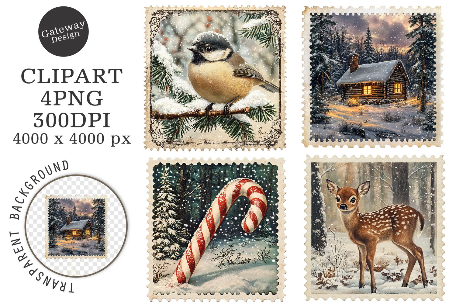 Vintage Christmas Postage Stamps Clipart product image 1