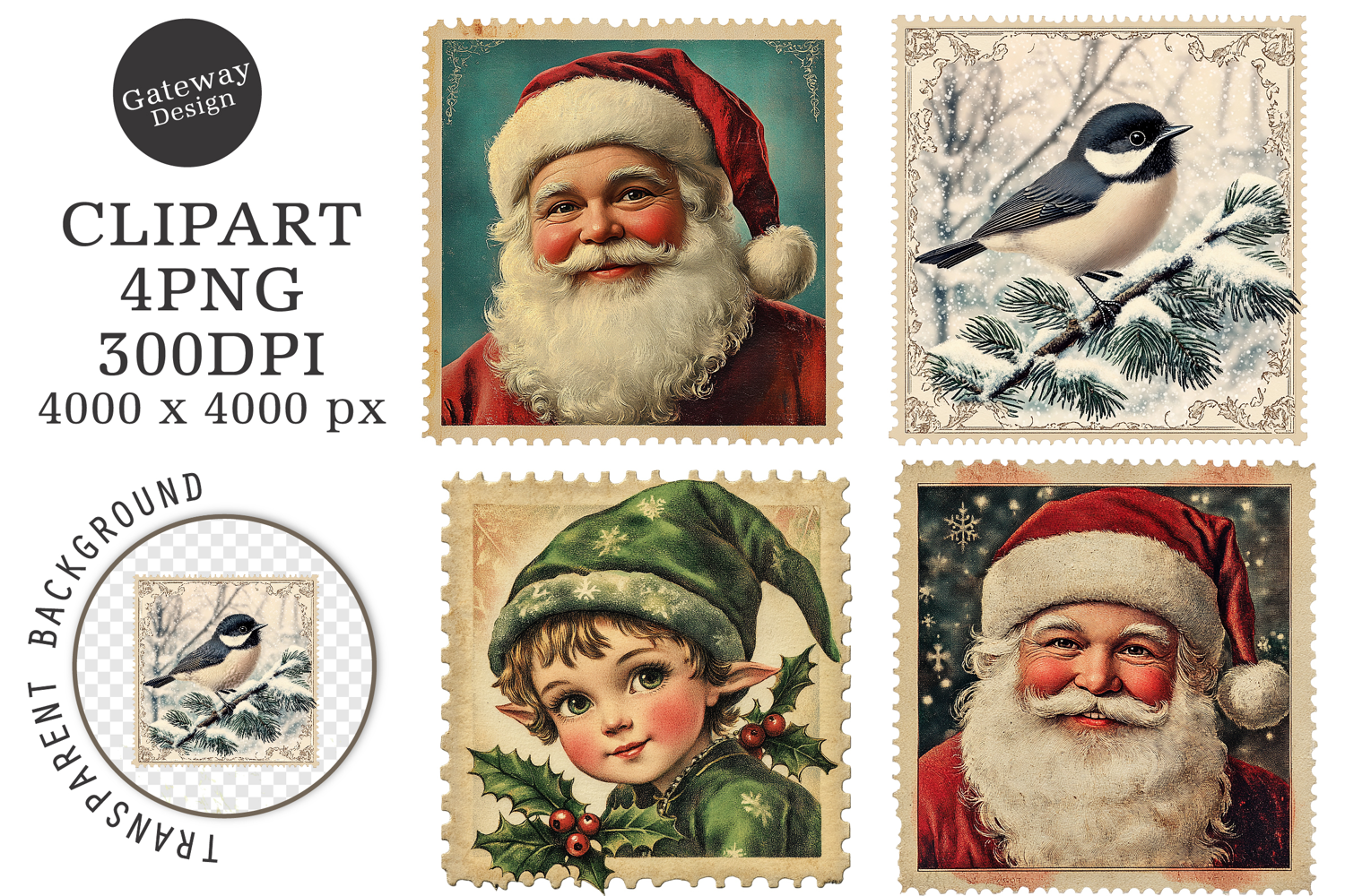 Vintage Christmas Postage Stamps Clipart product image 1