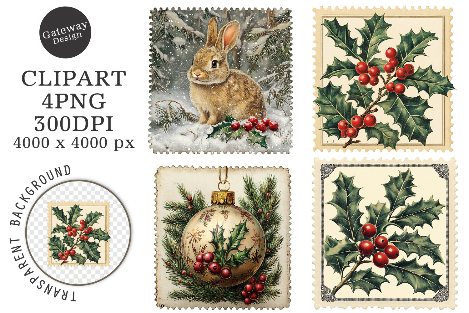 Vintage Christmas Postage Stamps Clipart product image 1