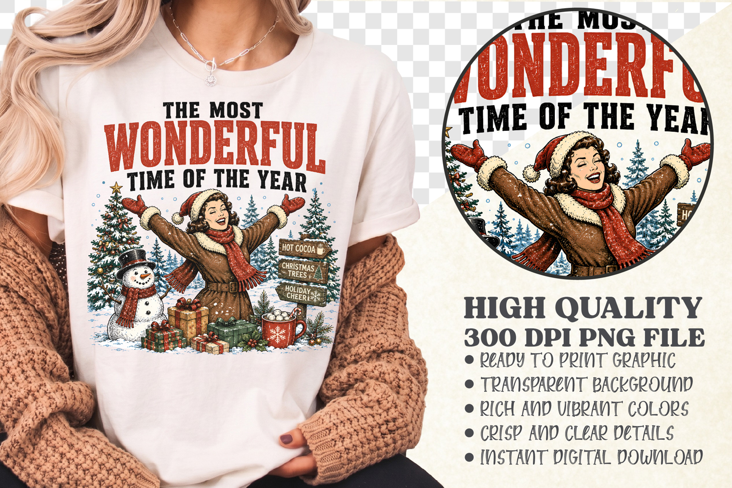 Vintage Christmas Shirt Design, Most Wonderful Time PNG product image 1