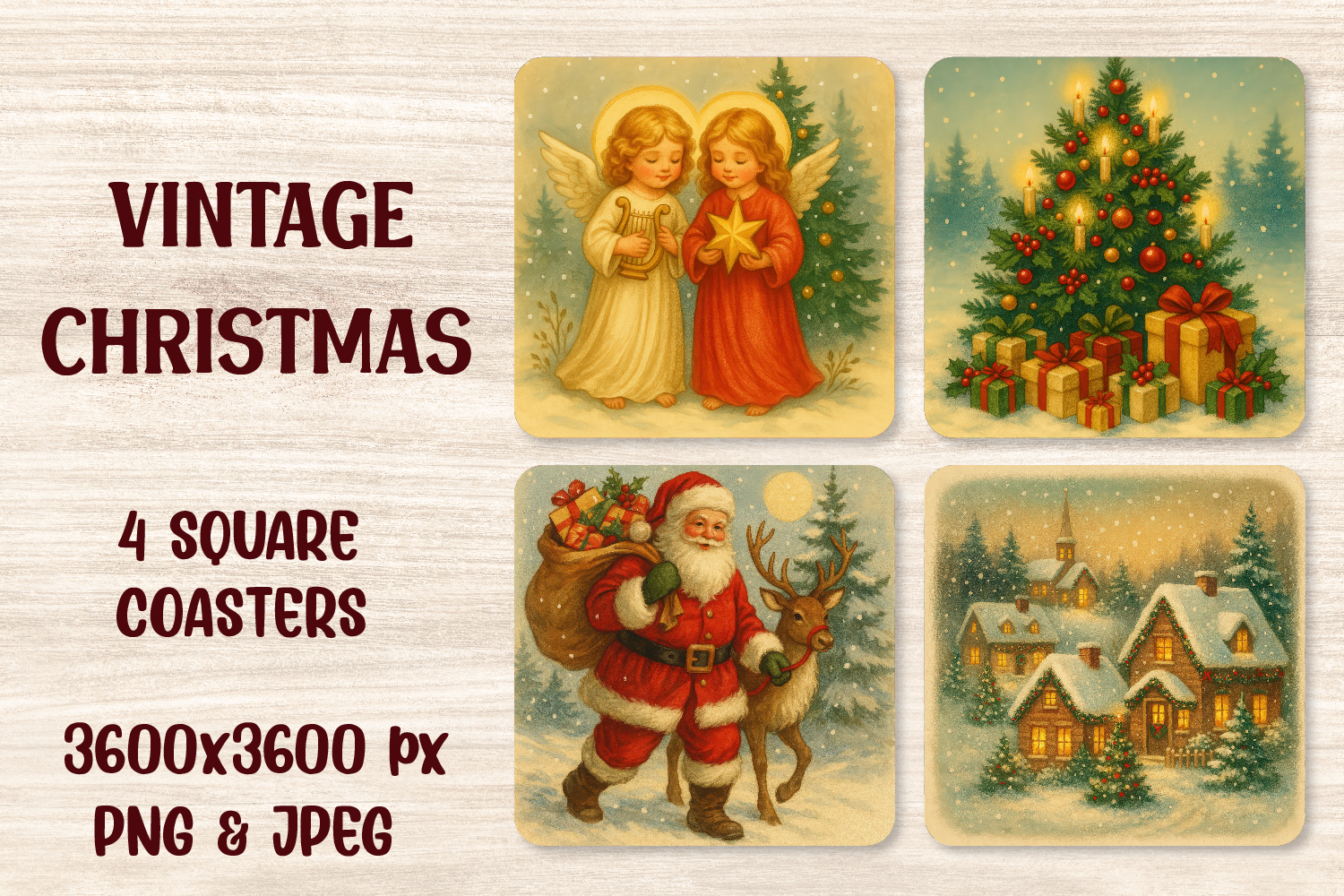 Vintage Christmas coaster png—angels, Santa with reindeer, old-fashioned tree, snowy village, festive retro printables.