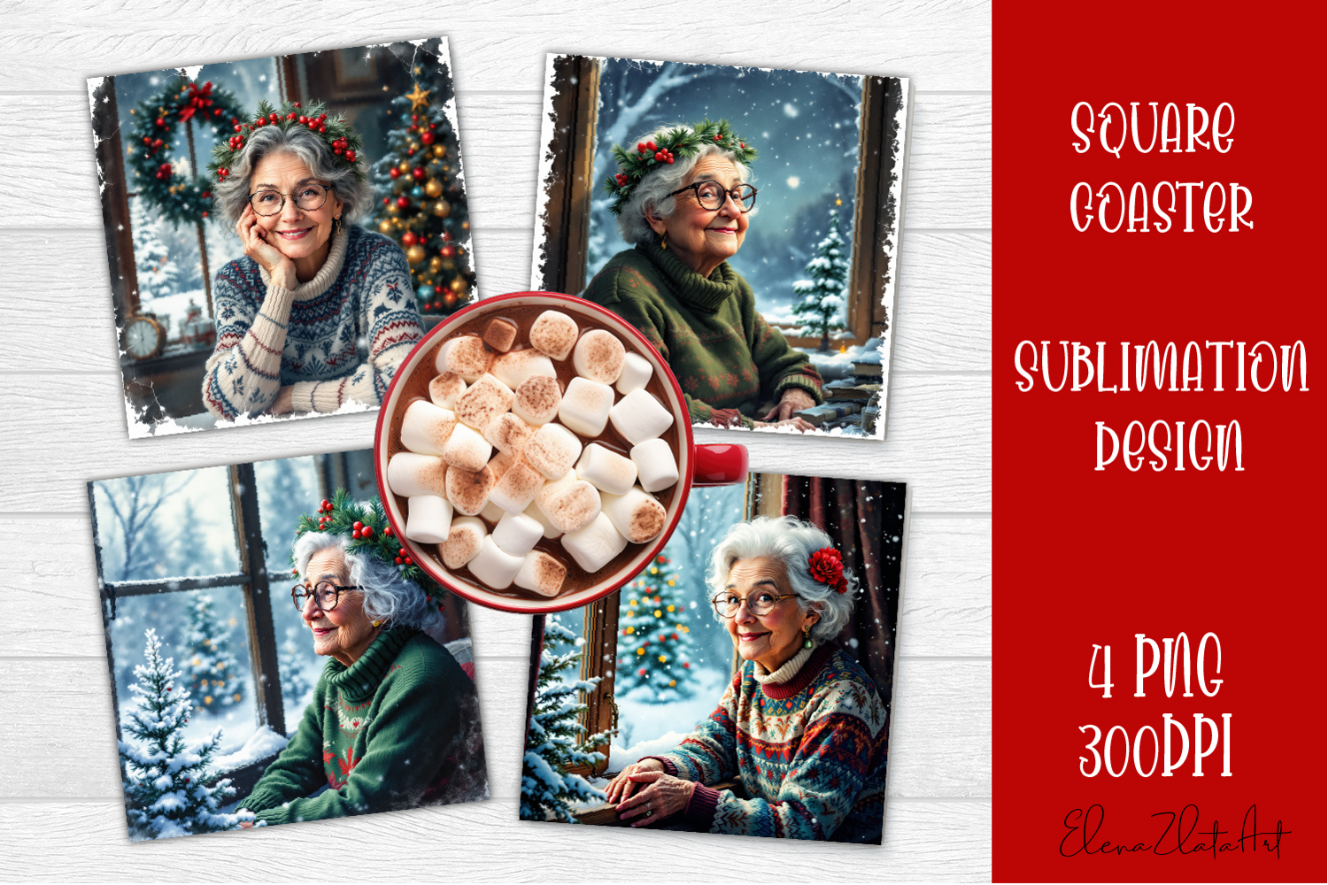 Vintage Christmas Sublimation, retro square Coaster Design product image 1
