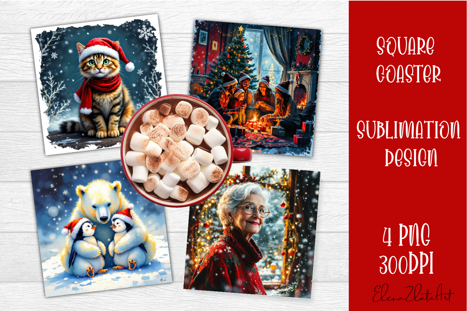 Vintage Christmas Sublimation, retro square Coaster Design product image 1