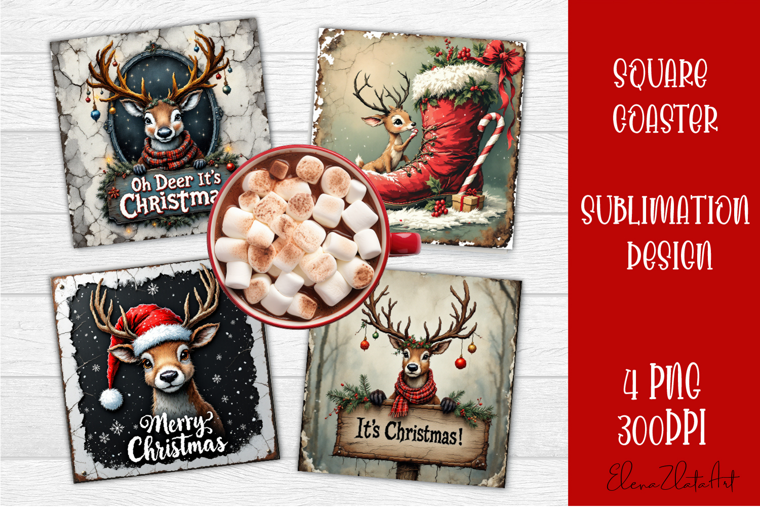 Vintage Christmas Sublimation, retro square Coaster Design product image 1