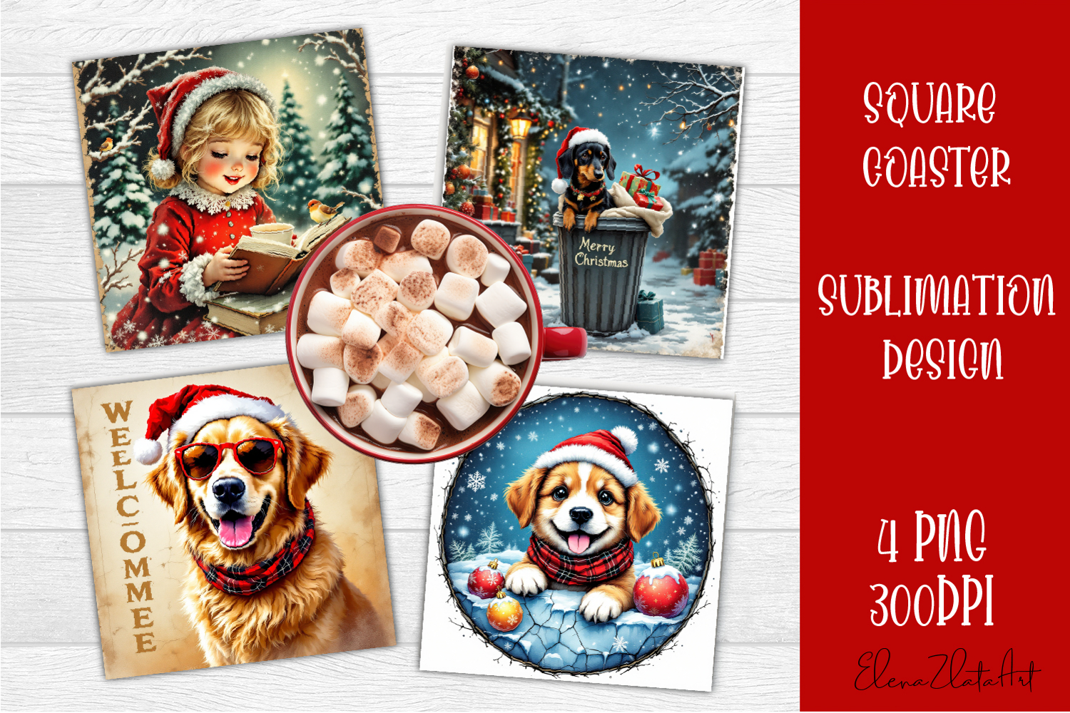 Vintage Christmas Sublimation, retro square Coaster Design product image 1