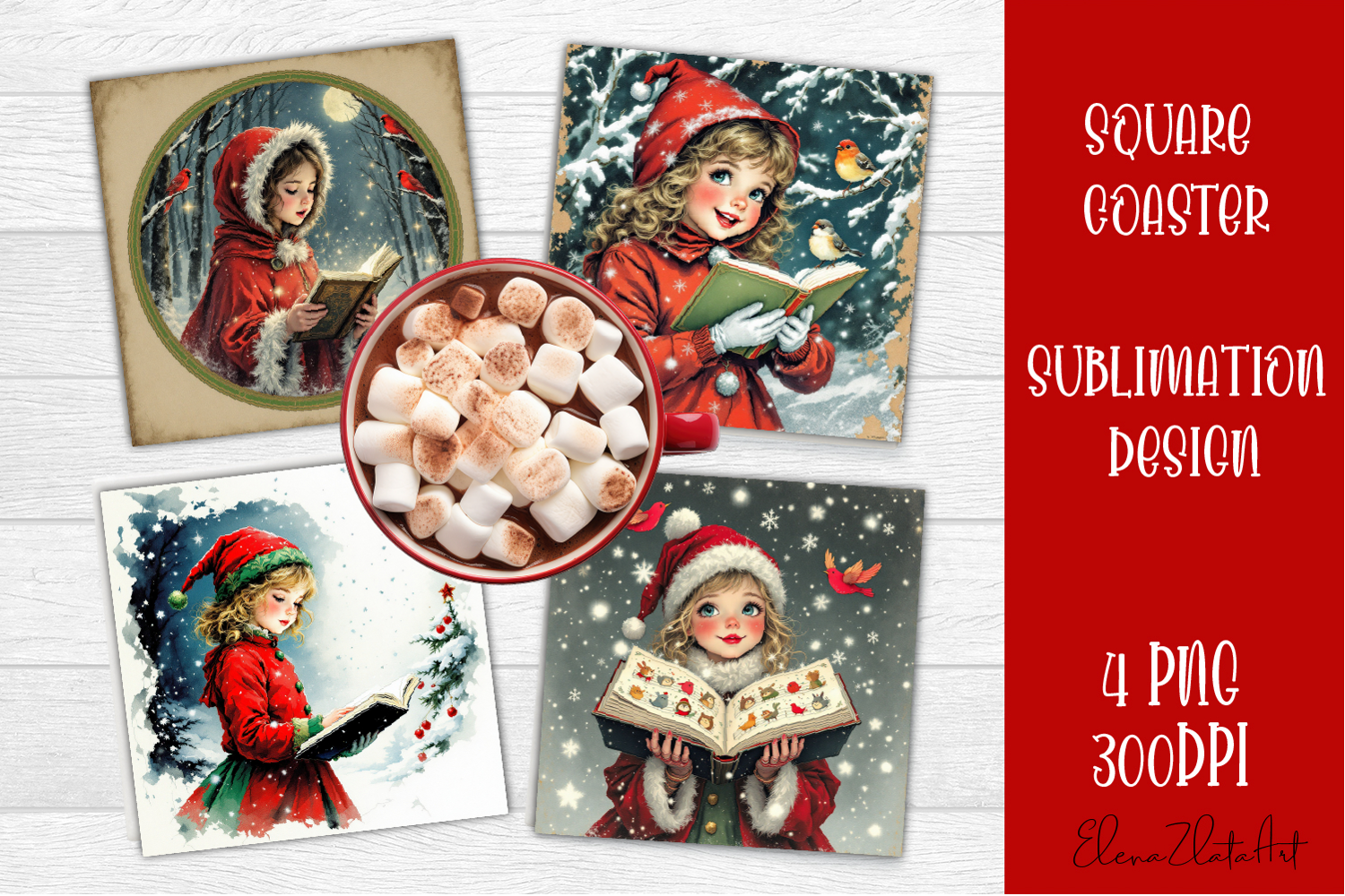 Vintage Christmas Sublimation, retro square Coaster Design product image 1