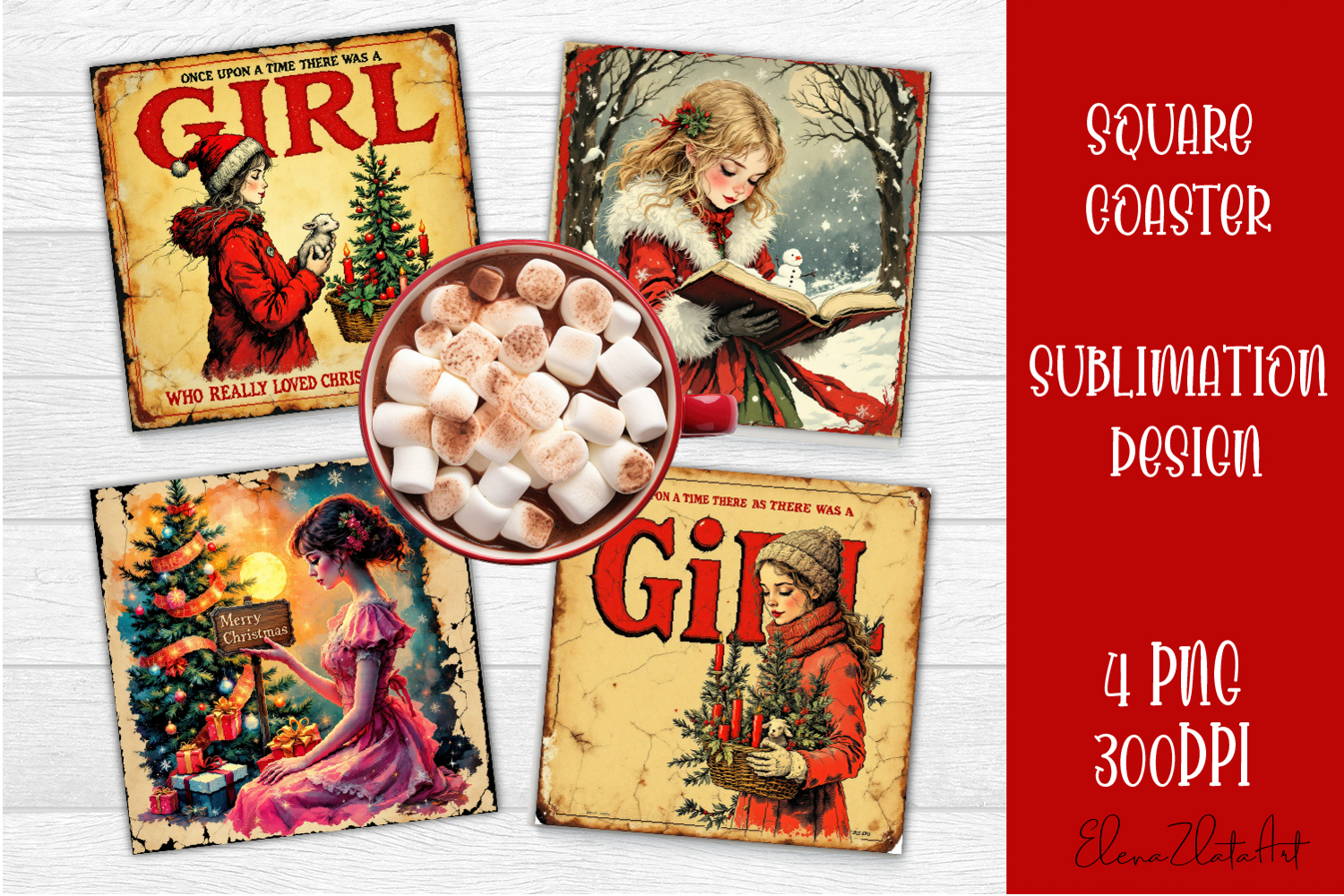 Vintage Christmas Sublimation, retro square Coaster Design product image 1