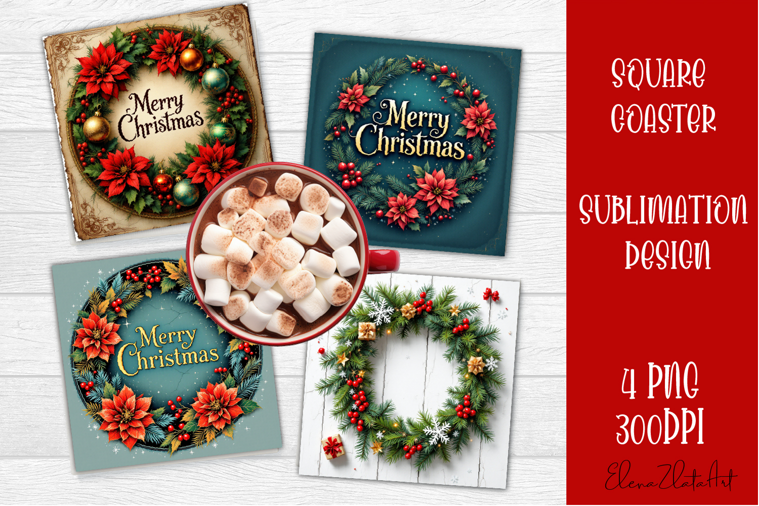 Vintage Christmas Sublimation, retro square Coaster Design product image 1
