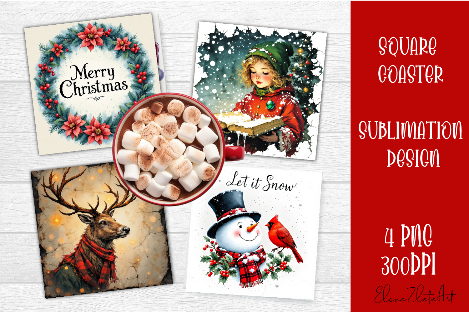 Vintage Christmas Sublimation, retro square Coaster Design product image 1