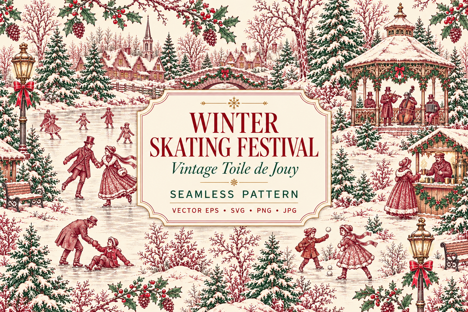 Vintage winter skating festival toile de Jouy seamless pattern with ice skaters, gazebo musicians, snowy villages, holly, lanterns and festive forest.