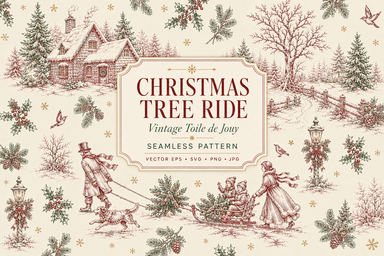 Vintage Christmas tree ride toile de Jouy seamless pattern with a snowy cottage, family sled, dog, pine trees, holly, lanterns and winter scenery art.
