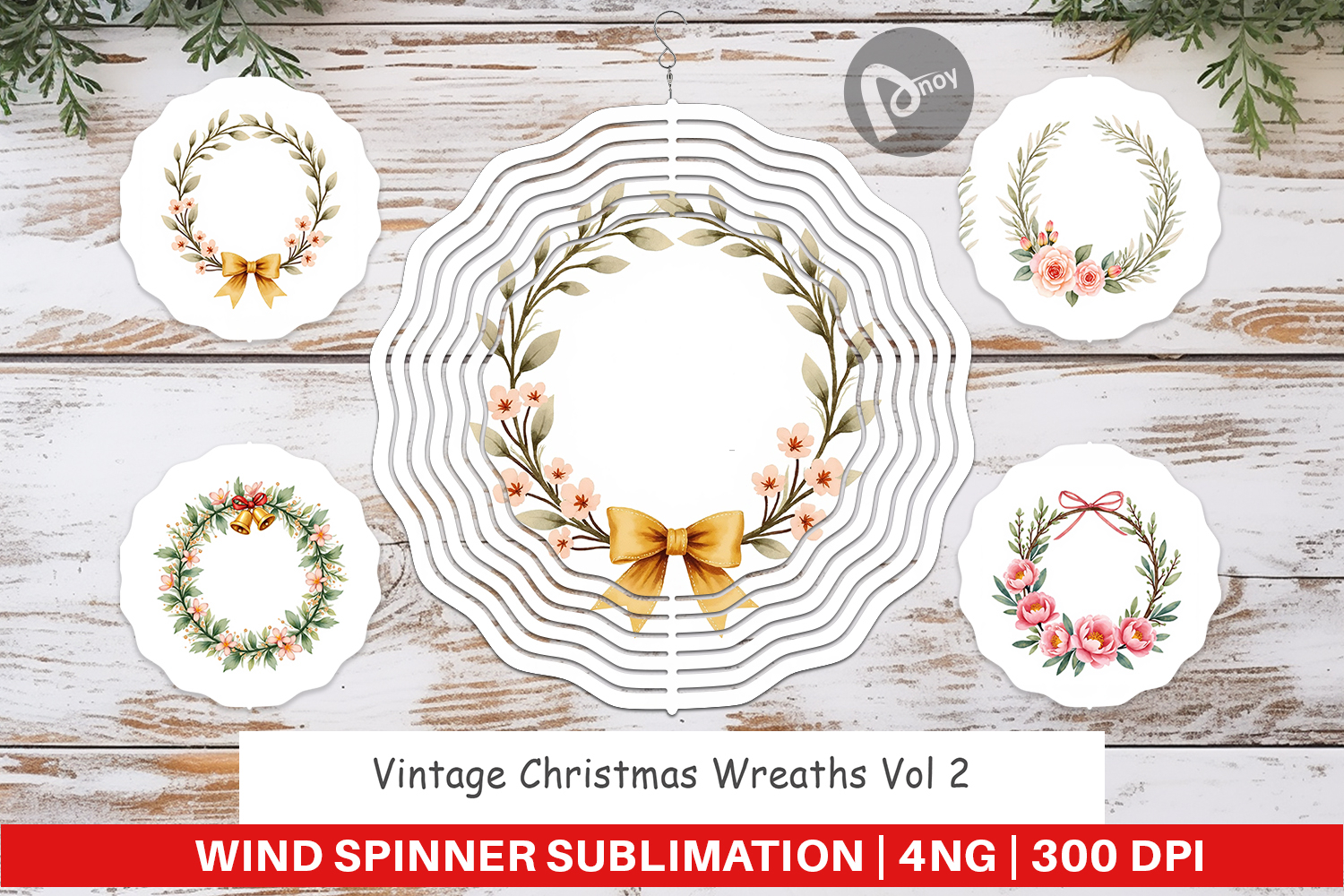 Wind Spinner Vintage Christmas Wreaths Watercolor product image 1
