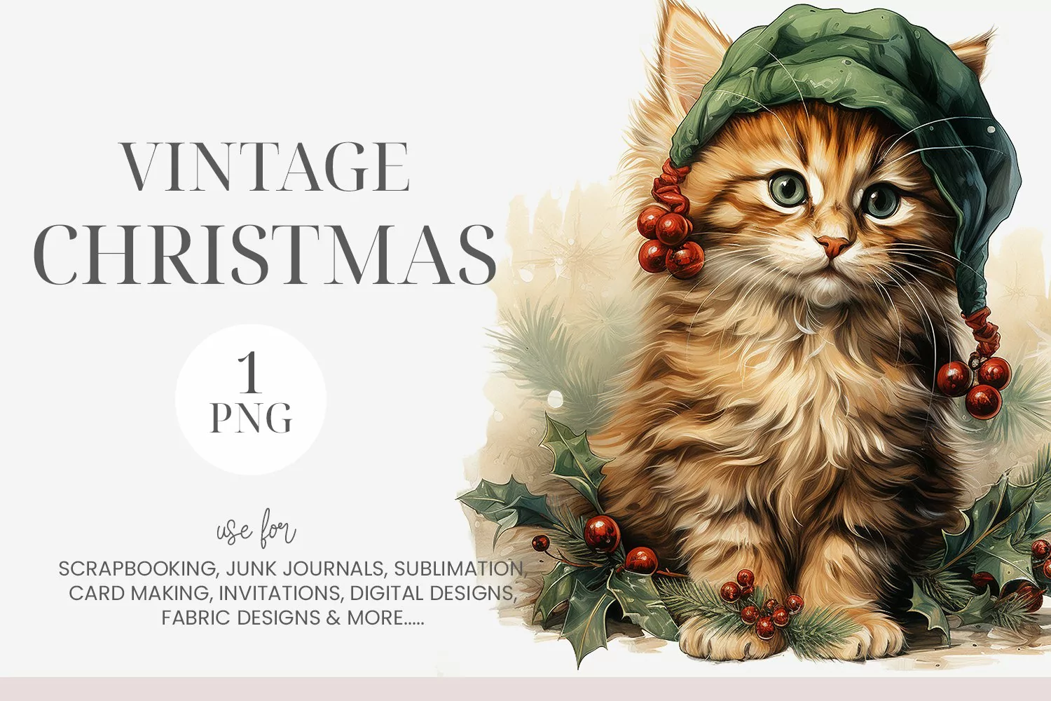 Watercolor Vintage Christmas Cat Clipart product image 1