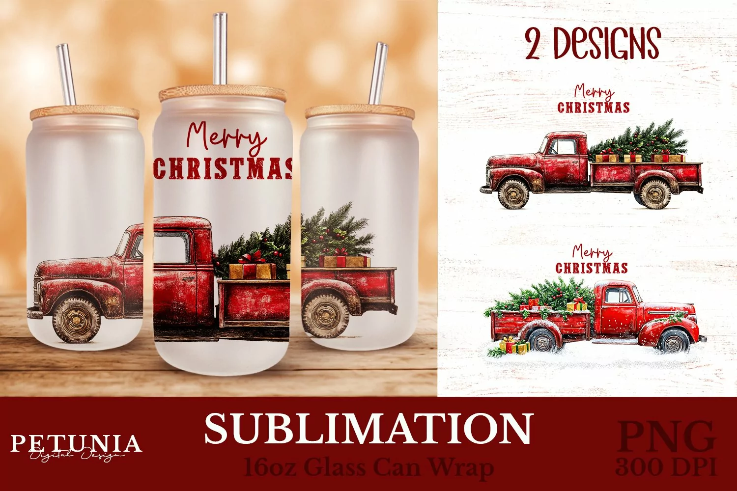 Vintage red truck christmas png design for sublimation being used as a trendy Christmas 16oz glass Can Wrap print