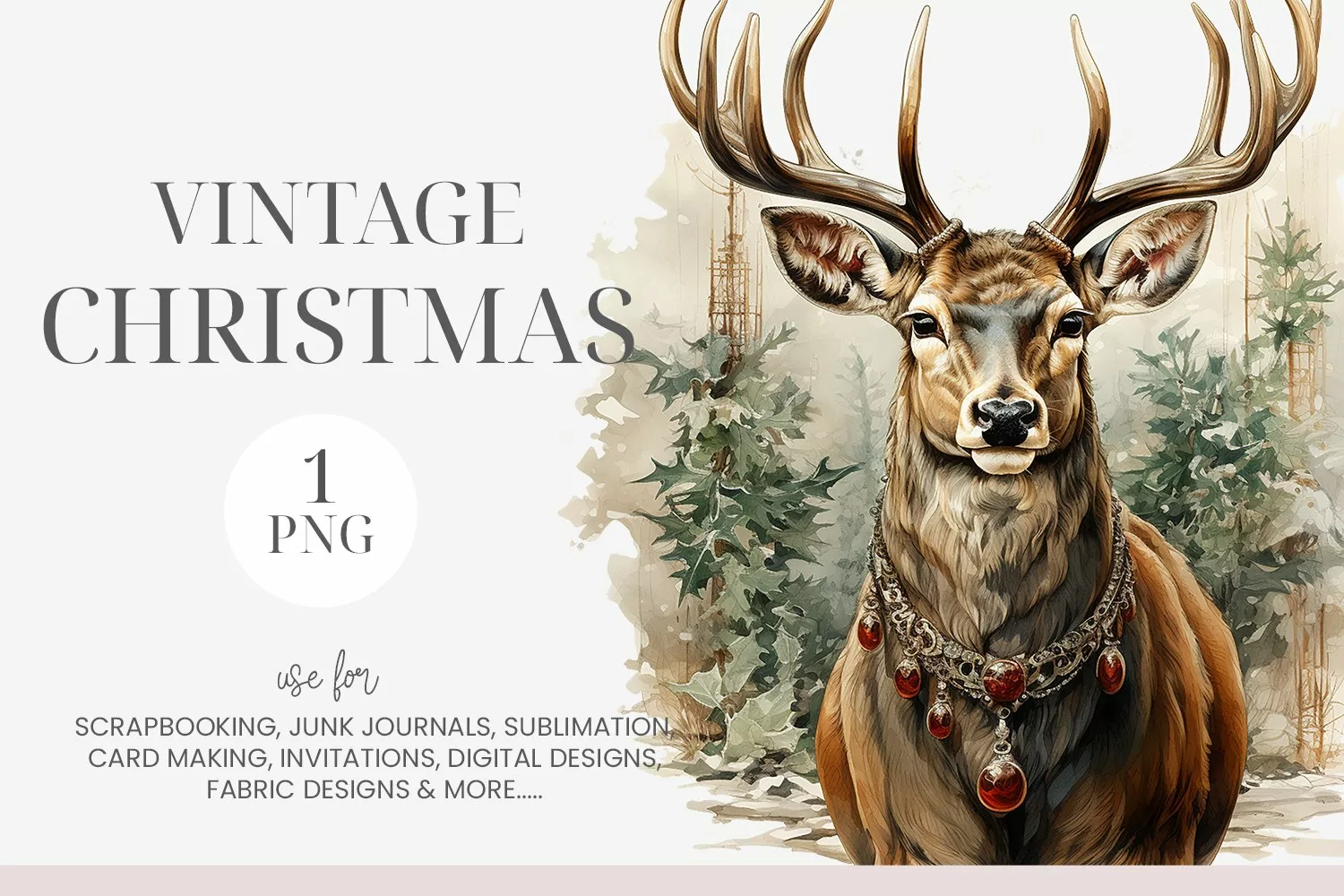 Watercolor Vintage Christmas Deer Clipart product image 1