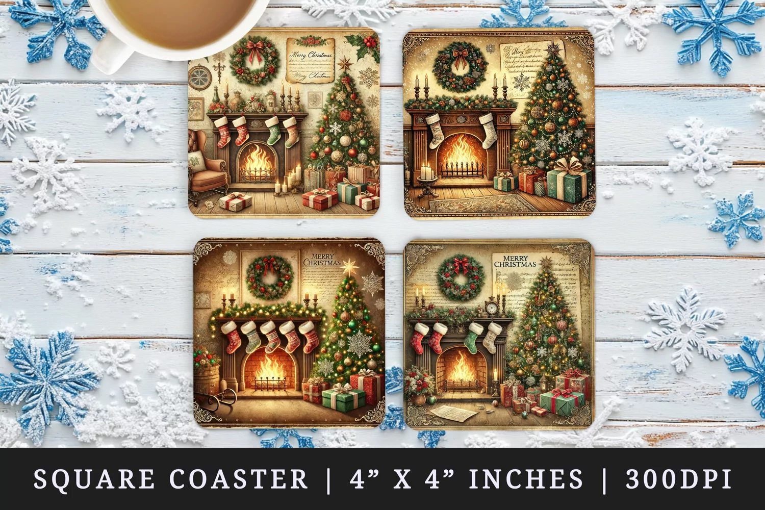 Vintage cozy fireplace stockings hanging decorated Christmas tree holiday New Year winter print square coaster mug coasters sublimation design
