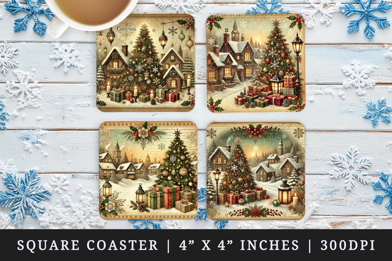 Vintage cozy winter scene snow rooftop lantern tree gift holiday Christmas New Year winter print square coaster mug coasters sublimation design