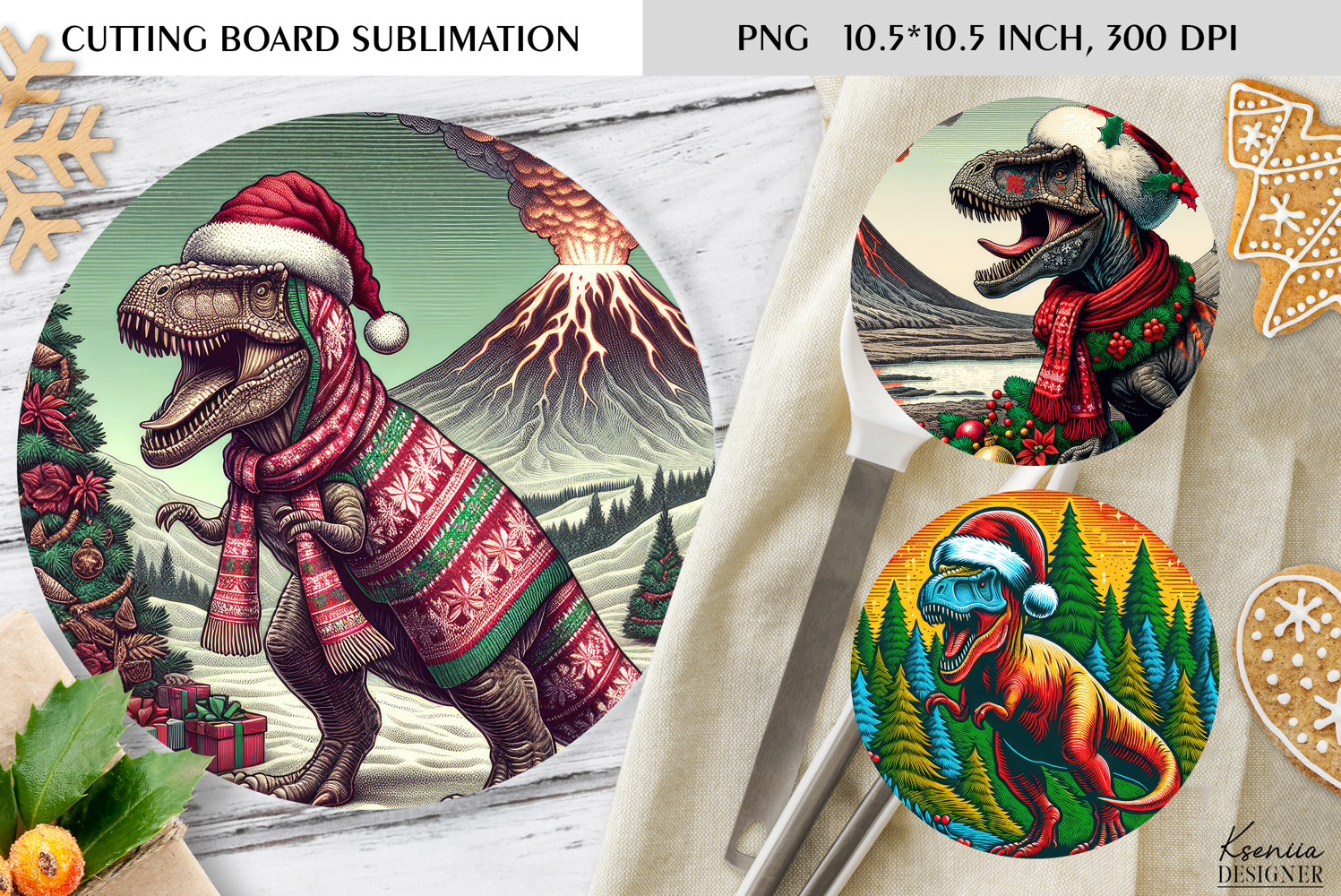 Christmas Vintage Dinosaur Round Cutting Board Sublimation product image 1