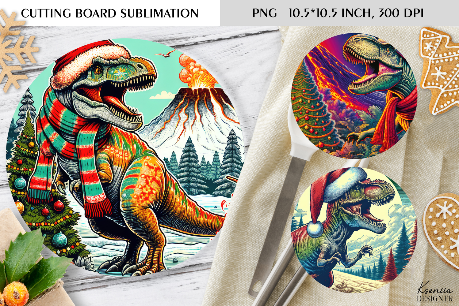 Christmas Vintage Dinosaur Round Cutting Board Sublimation product image 1