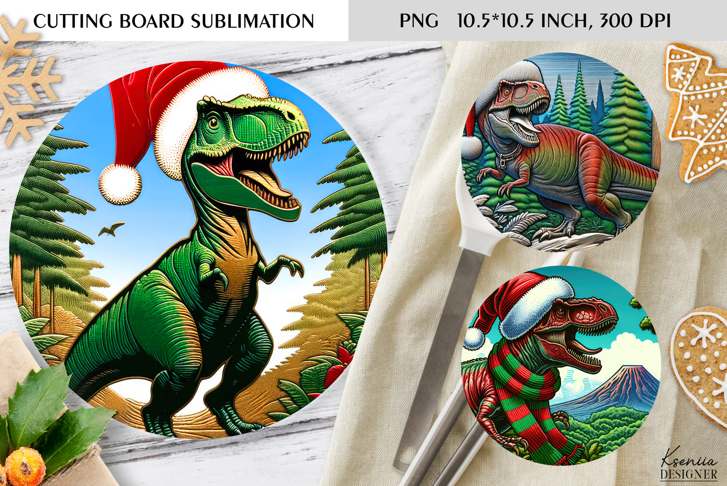 Christmas Vintage Dinosaur Round Cutting Board Sublimation product image 1