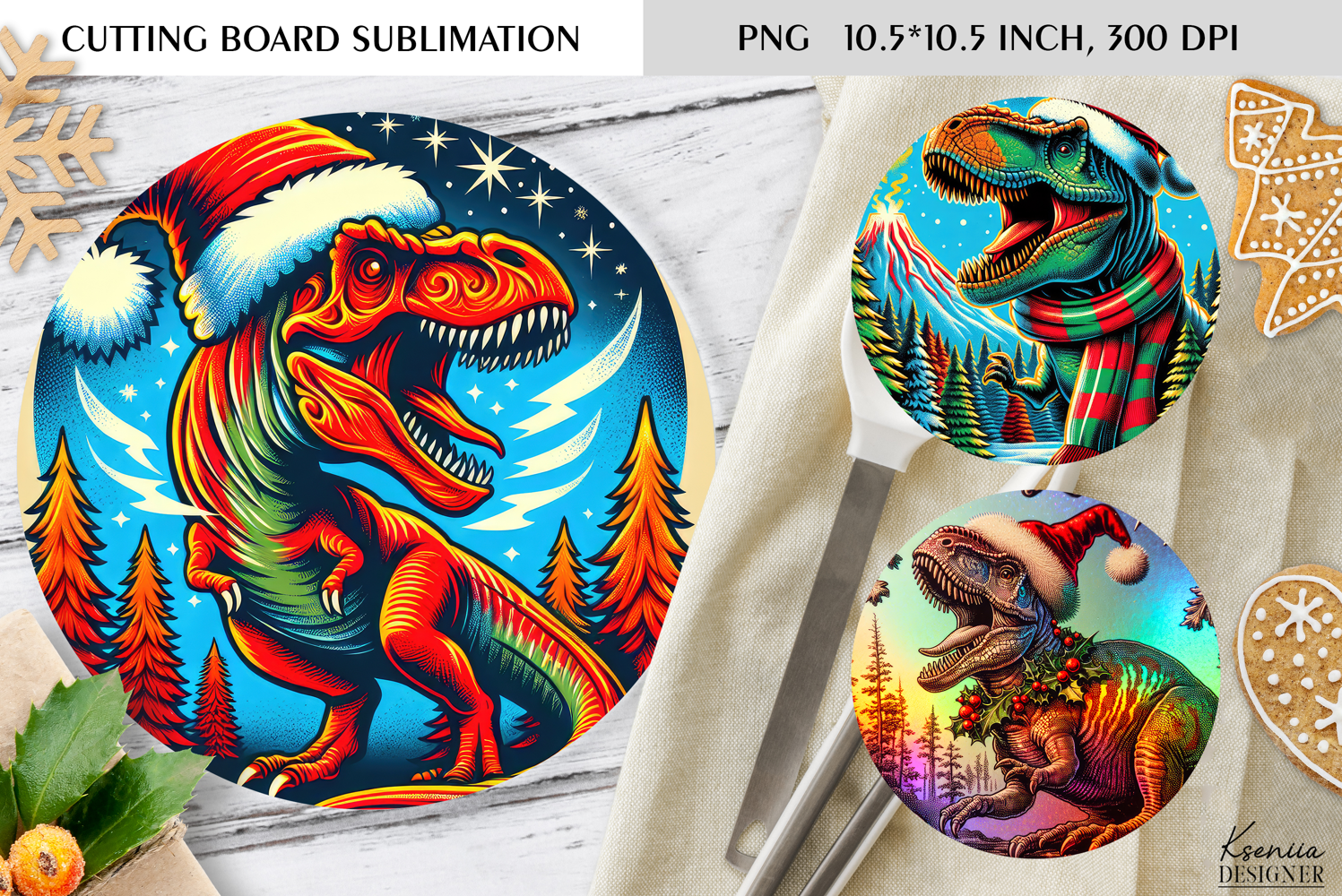 Christmas Vintage Dinosaur Round Cutting Board Sublimation product image 1