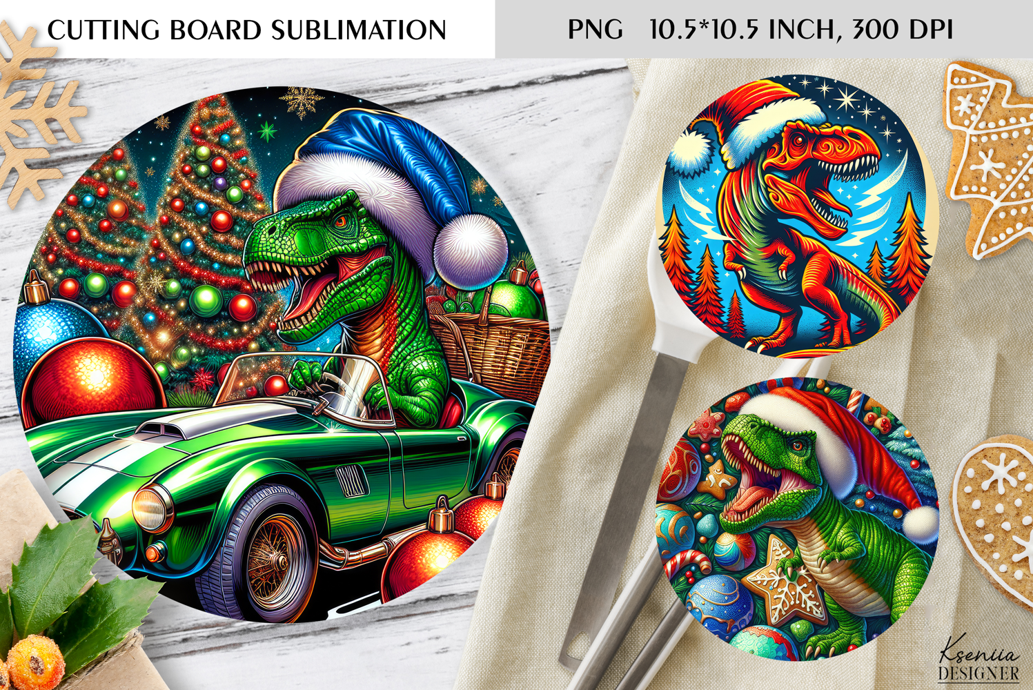 Christmas Vintage Dinosaur Round Cutting Board Sublimation product image 1