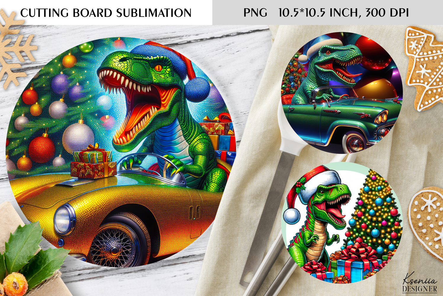 Christmas Vintage Dinosaur Round Cutting Board Sublimation product image 1