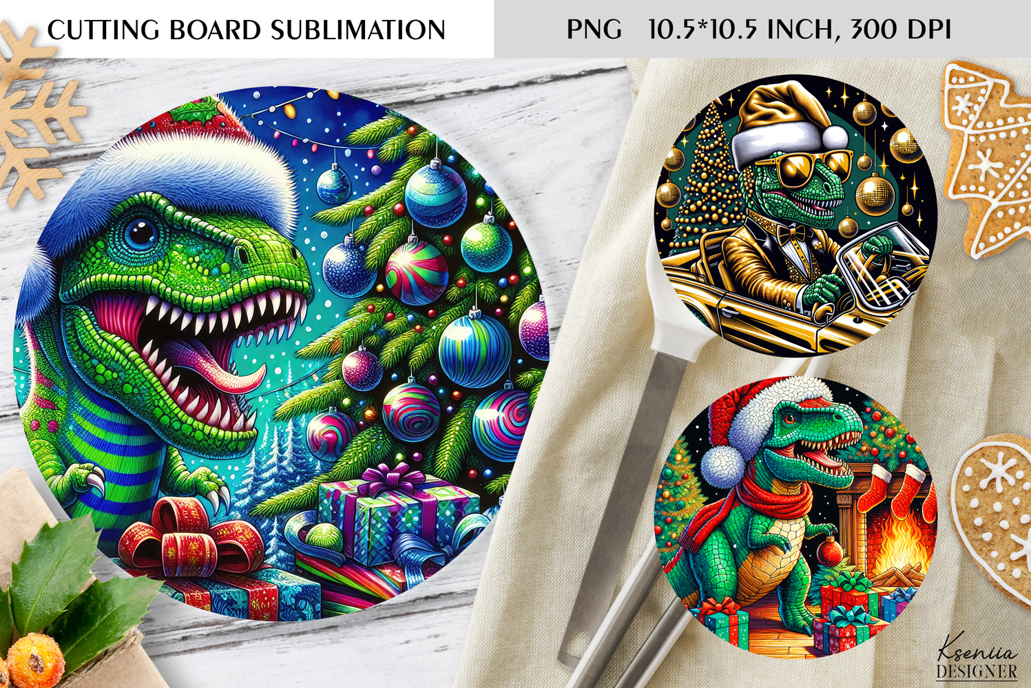 Christmas Vintage Dinosaur Round Cutting Board Sublimation product image 1
