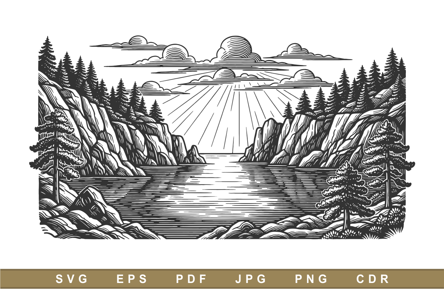 Vintage Engraved Fjord Landscape with Rocky Cliffs and Pine product image 1