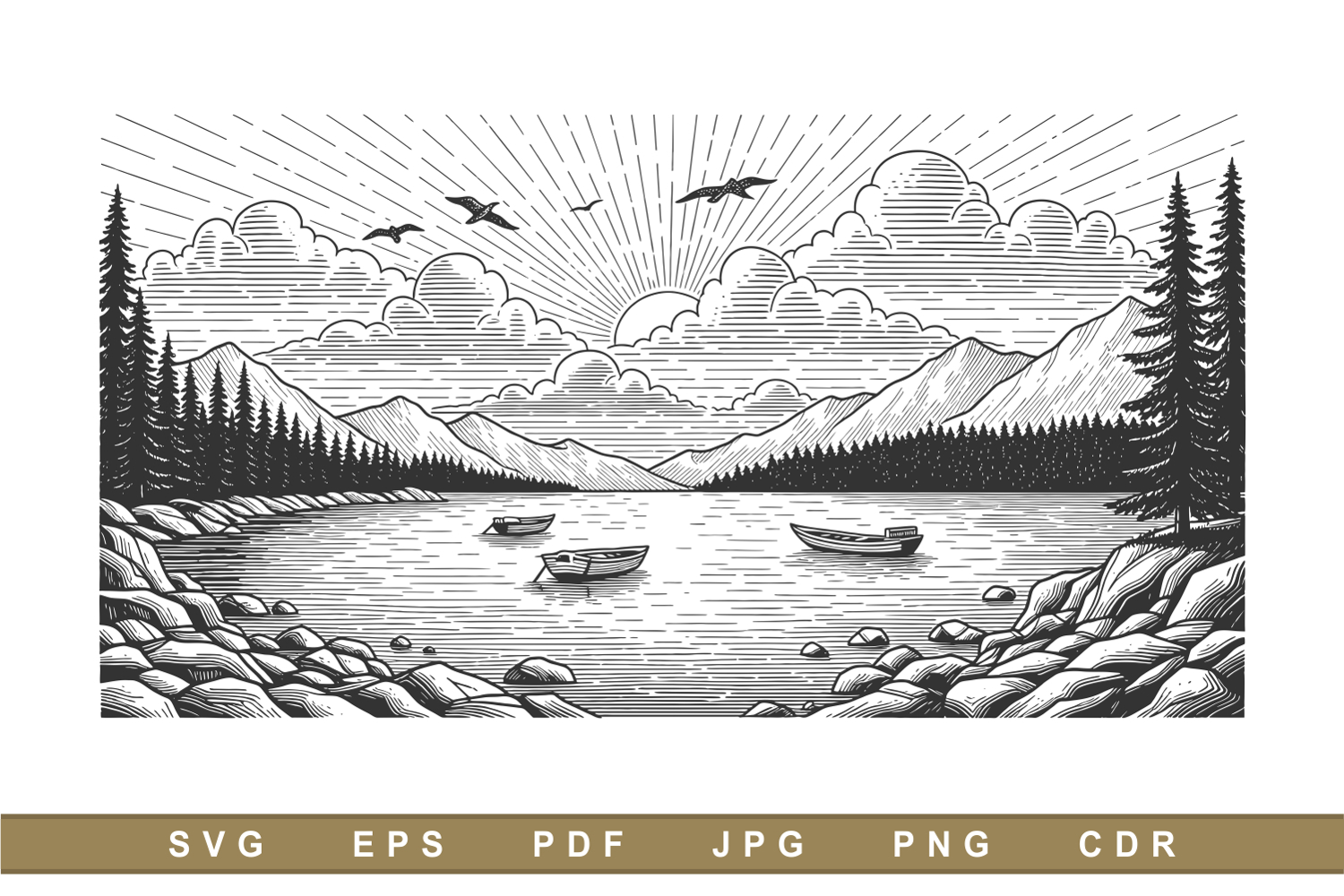 Vintage Engraved Landscape Illustration with Lake Mountains product image 1