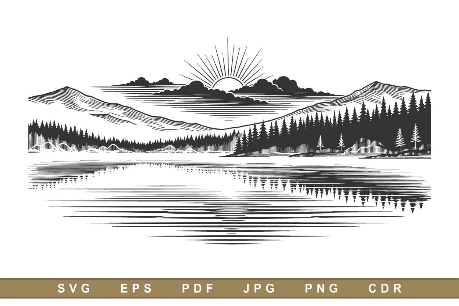 Vintage Engraved Mountain Lake Landscape with Pine Forest product image 1
