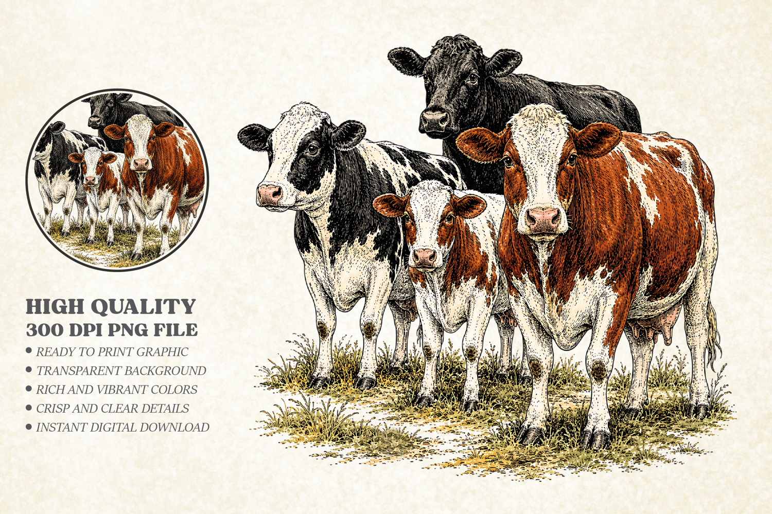 Vintage Farmhouse Cows Group Design PNG, Country Cattle product image 1