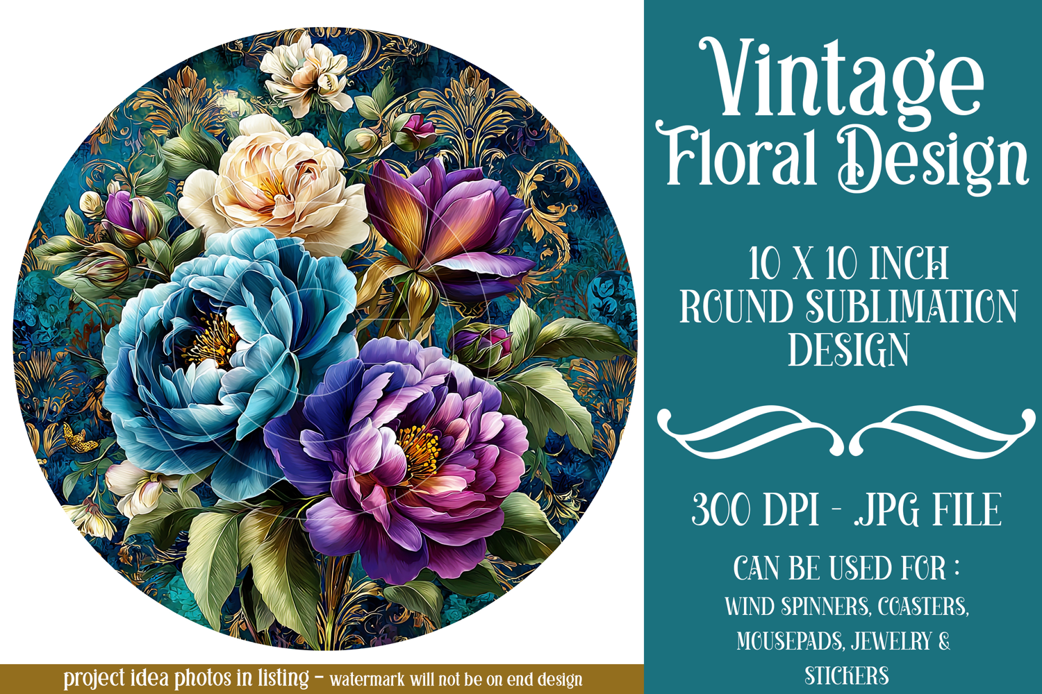 Vintage Floral Round Design, 10x10 Round Sublimation, d10 product image 1