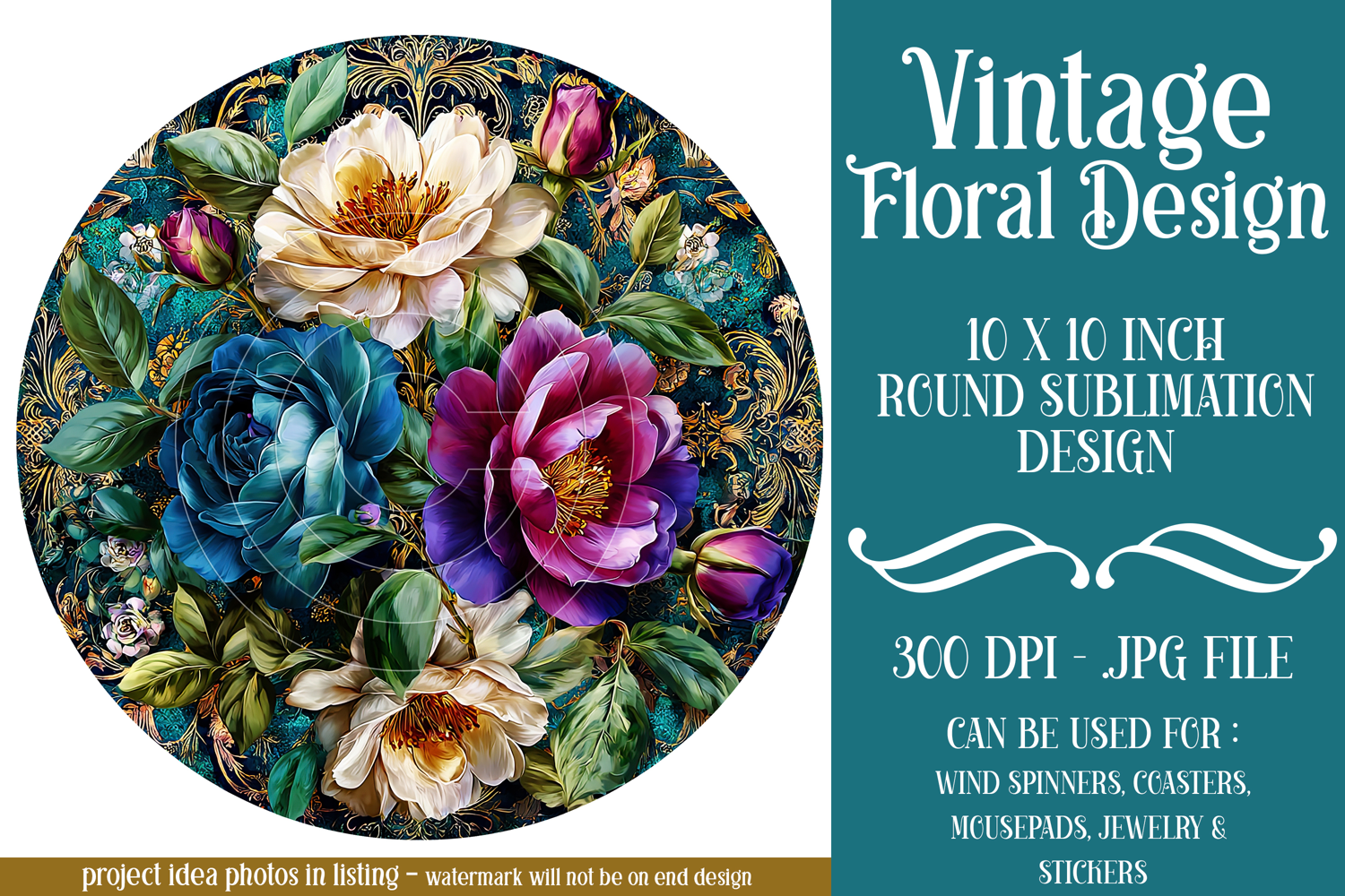 Vintage Floral Round Design, 10x10 Round Sublimation, d12 product image 1