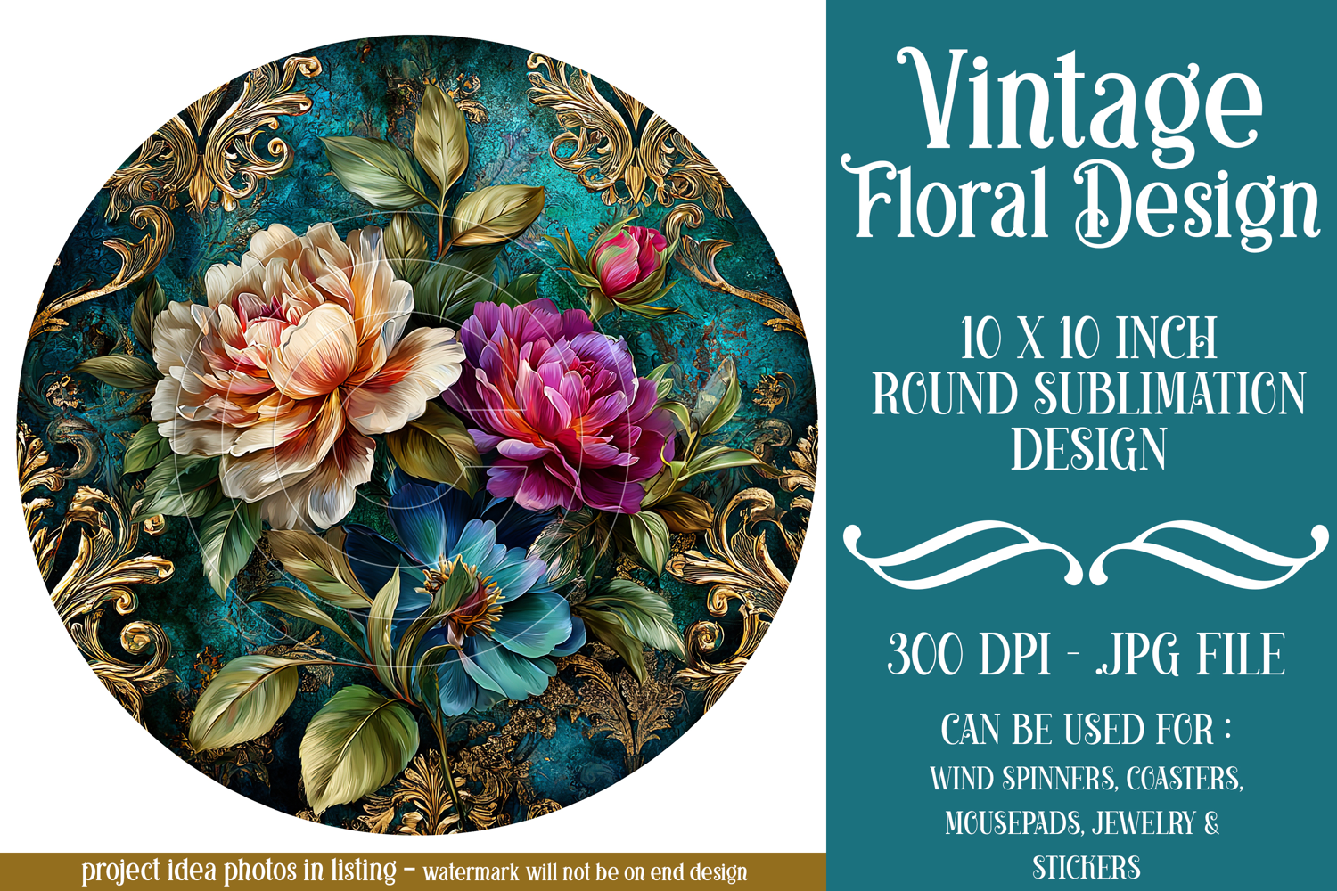 Vintage Floral Round Design, 10x10 Round Sublimation, d16 product image 1