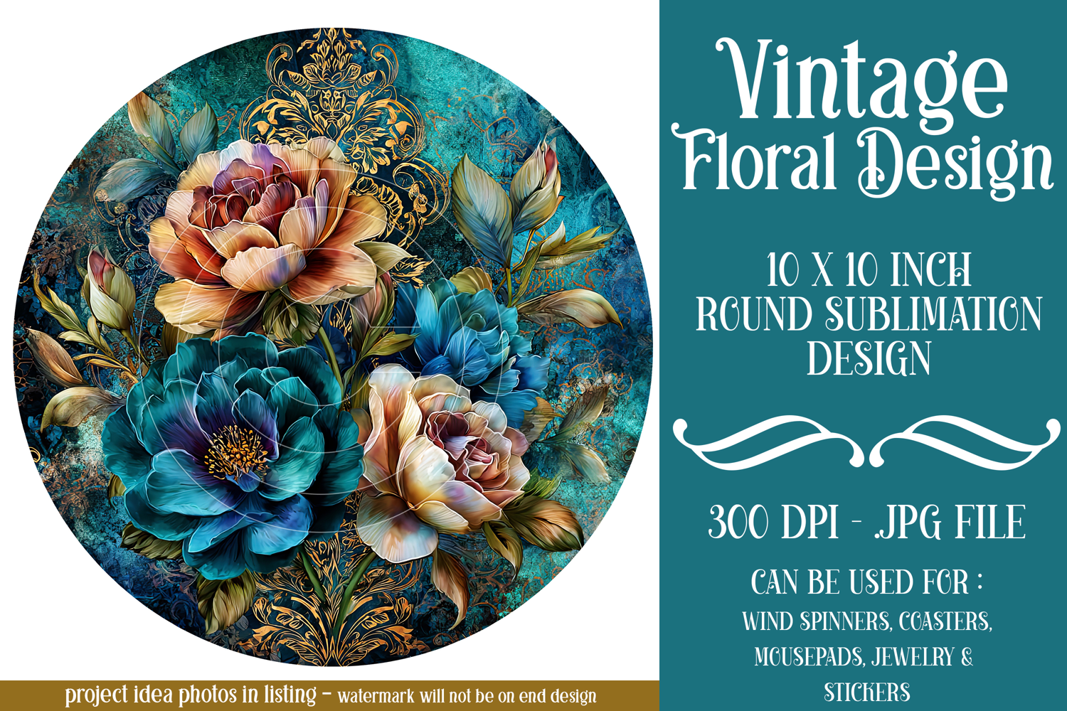 Vintage Floral Round Design, 10x10 Round Sublimation, d17 product image 1