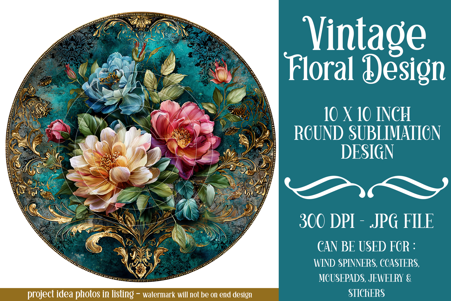 Vintage Floral Round Design, 10x10 Round Sublimation, d19 product image 1