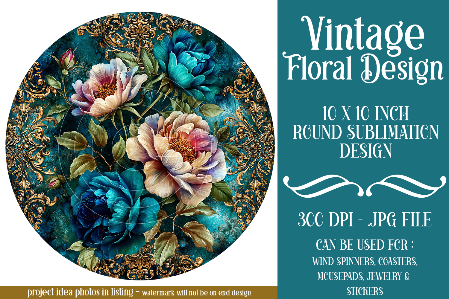 Vintage Floral Round Design, 10x10 Round Sublimation, d2 product image 1