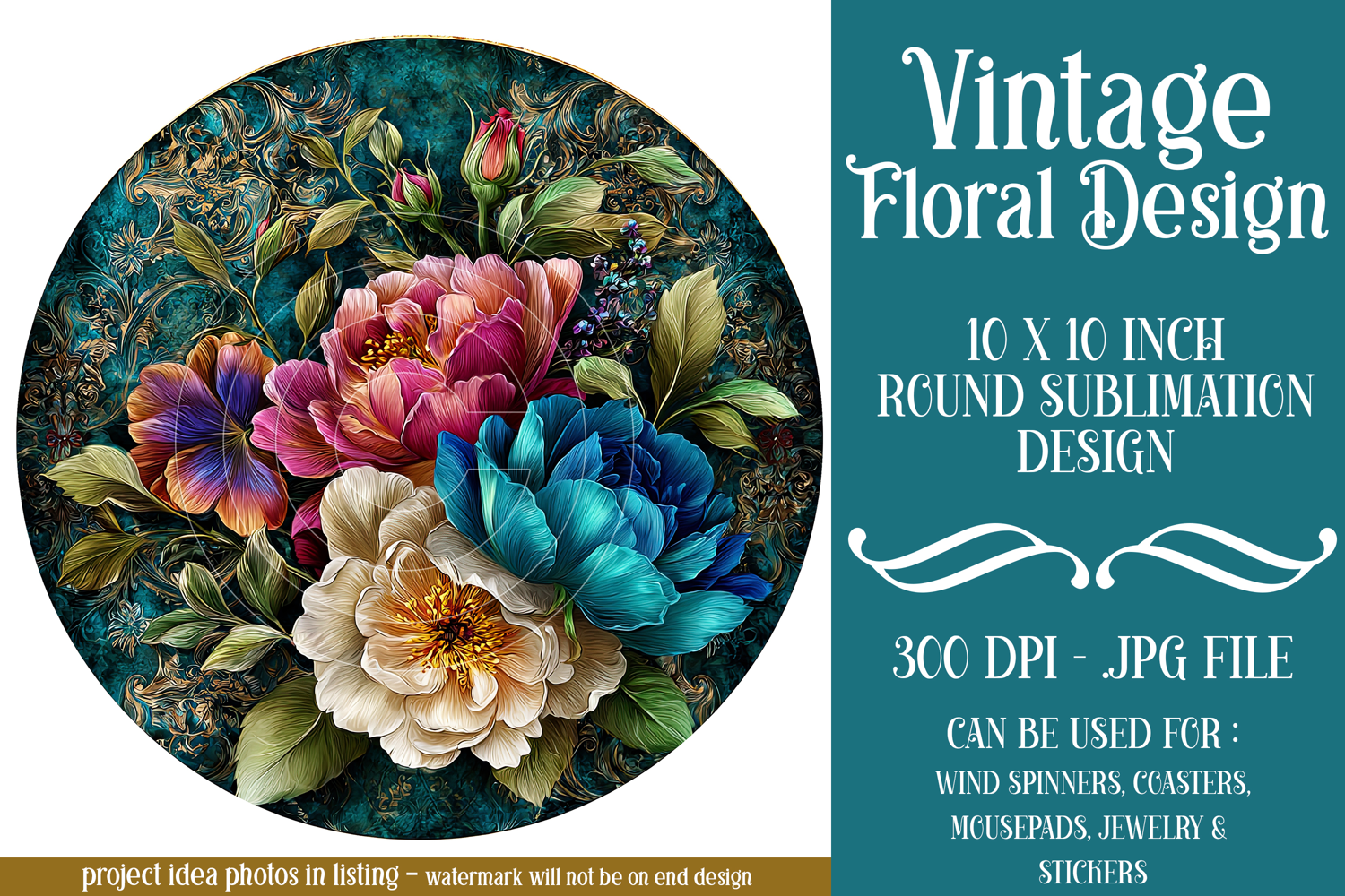 Vintage Floral Round Design, 10x10 Round Sublimation, d21 product image 1
