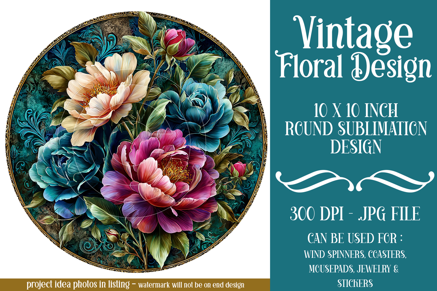 Vintage Floral Round Design, 10x10 Round Sublimation, d26 product image 1