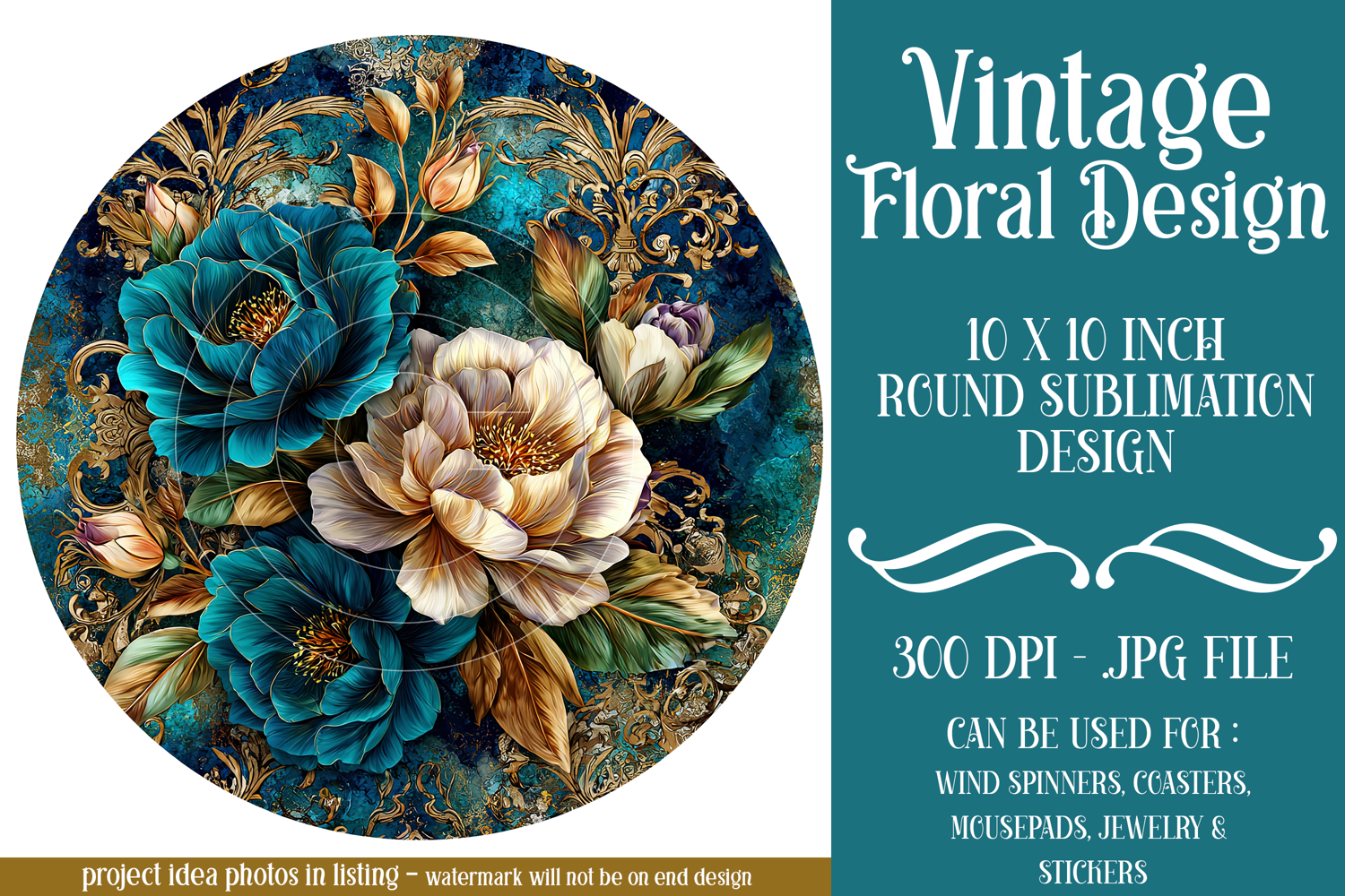 Vintage Floral Round Design, 10x10 Round Sublimation, d27 product image 1
