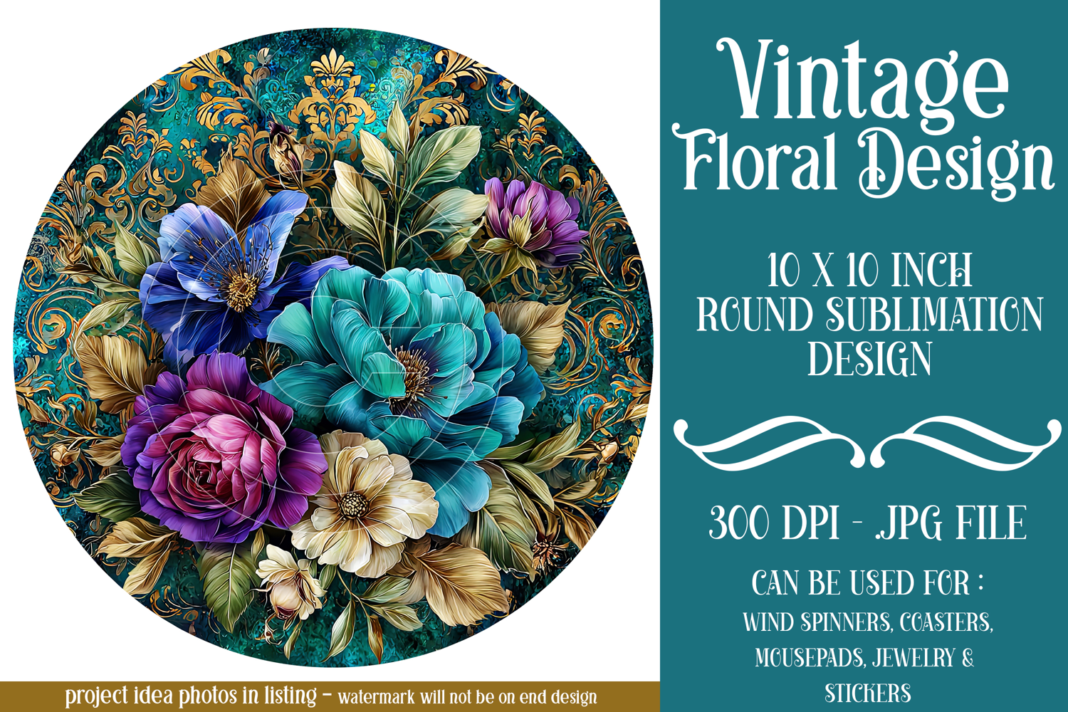 Vintage Floral Round Design, 10x10 Round Sublimation, d29 product image 1